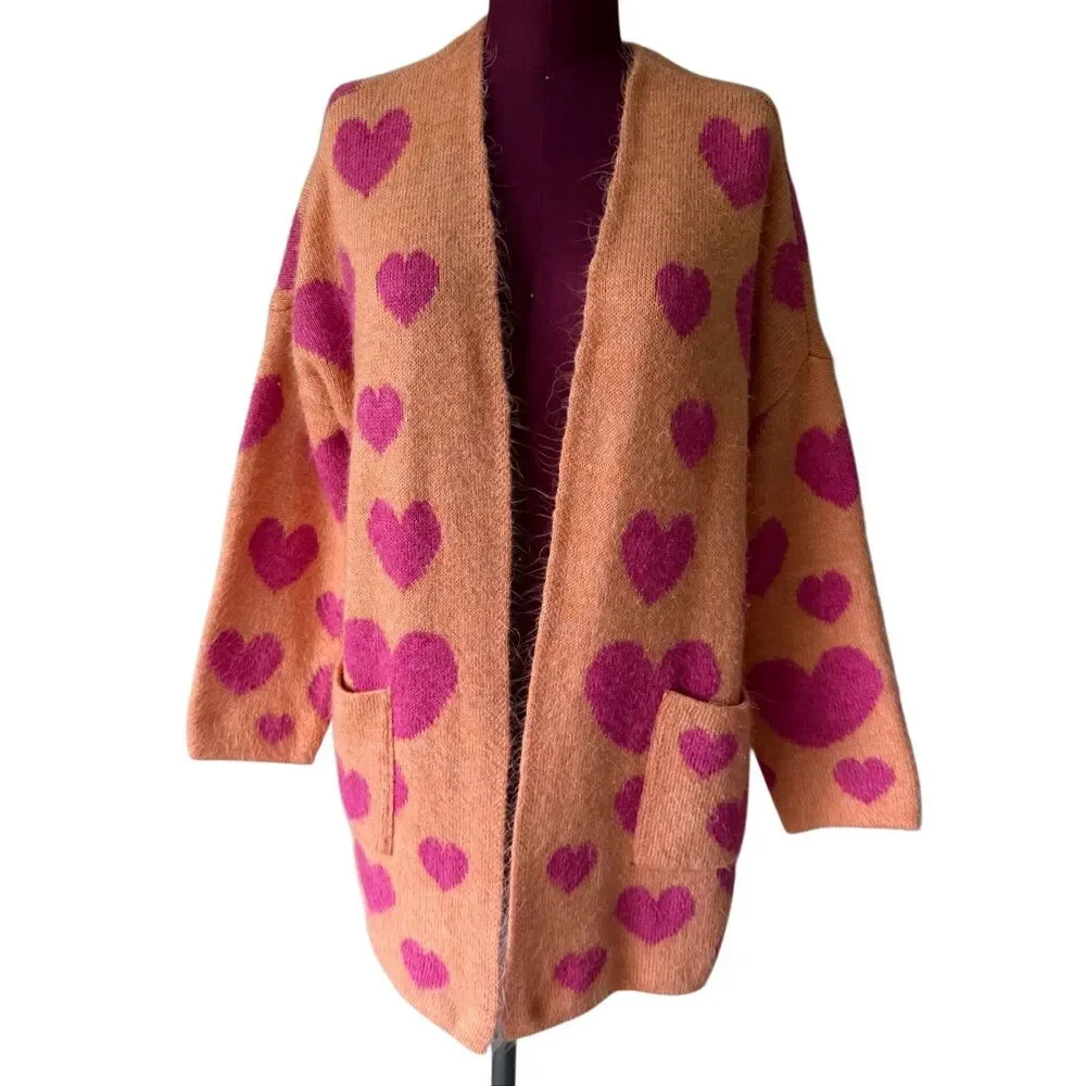 Maeve Anthropologie Cardigan Sweater Heart Open Oversize Orange Pink XS Small‎